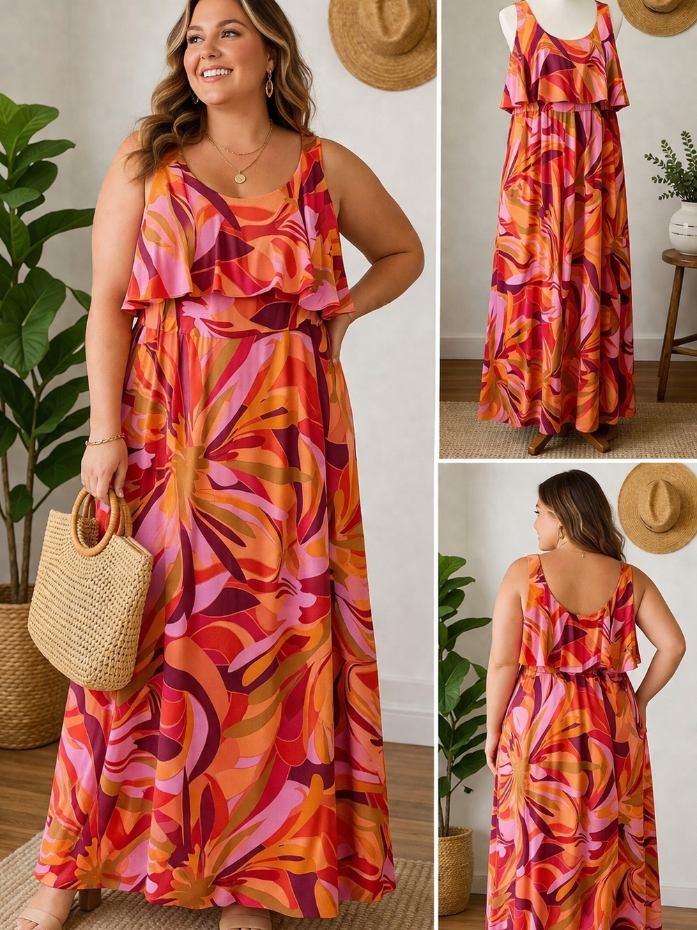 Roz & Ali 16W Maxi Dress‎ NWT Bright Floral Ruffle Sleeve Summer Dressbarn
